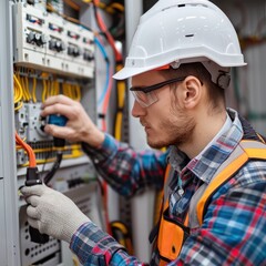 A skilled electrician is focused on connecting wires within an electrical panel. He is dressed in a safety vest and hard hat, ensuring safety while working inside a commercial facility