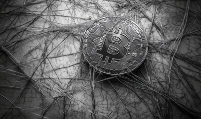 Naklejka premium Bitcoin coin entangled in fibers, digital currency concept, black and white image, intricate details, modern finance, technology