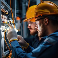 An experienced electrician focuses on wiring while adjusting connections in electrical panels. Another technician assists nearby, ensuring safe and efficient operations in the commercial setting