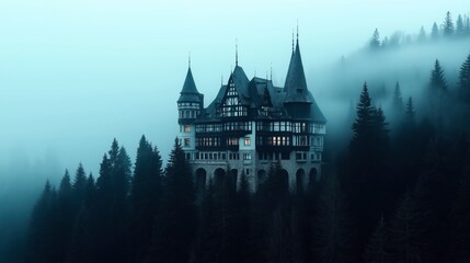 Obraz premium Medieval-style castle nestled in a misty forest with gothic architecture and spires visible against a foggy blue sky.