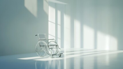A white wheelchair sits in a minimalist room with a door and sunlight streaming in.