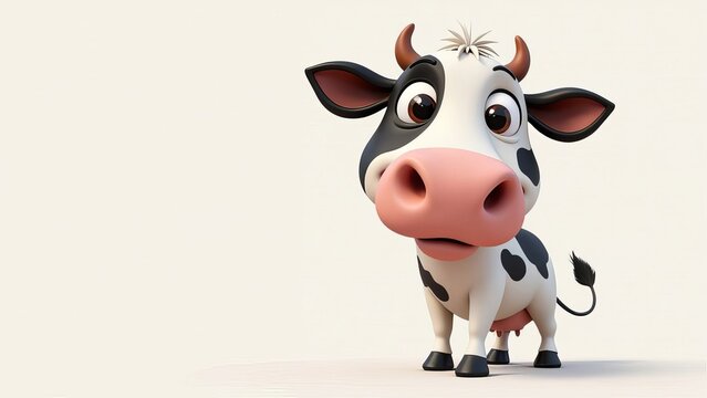 The cartoon cow stands with a playful expression, showcasing large eyes and a prominent pink nose. Its black and white spots create a charming appearance, appealing to all ages. Copy space