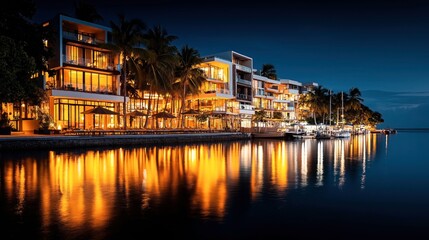 Fototapeta premium Modern waterfront buildings at night with illuminated windows reflecting on calm water, surrounded by tall palm trees and moored boats under a clear sky.