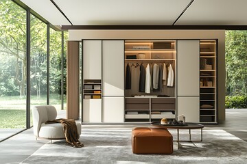 Fototapeta premium Large modern white wardrobe within a luxury home, designed for organization.
