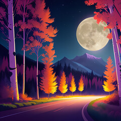 Moon light drive through the mountains with the aspen and evergreen trees accented by the moon light