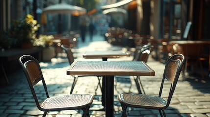 Empty cafe tables and chairs on cobblestone street.