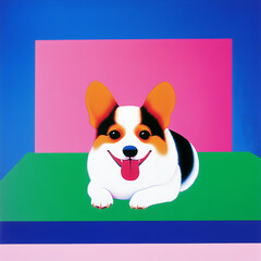 Corgi dog with playful expression, colorful background, and vibrant colors. This artwork captures joy and charm of beloved pet