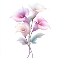 Obraz premium A serene arrangement of delicate pastel calla lilies, set against a soft white backdrop, ideal for floral-themed projects, wedding invitations, or decorative prints