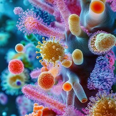 Obraz premium Microscopic cell structures laboratory scientific illustration digital art close-up view biological diversity exploration