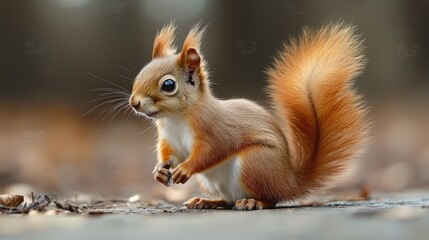 Obraz premium A cute red squirrel with a bushy tail sits on a forest floor.
