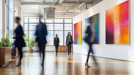 Obraz premium Abstract Art, Modern Office, Diverse Employees, Walking, Colorful
