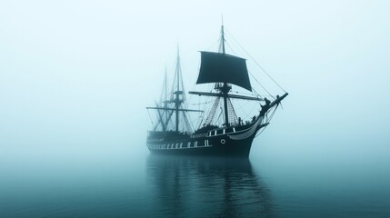 Large sailing ship with dark sails navigating through thick fog over calm waters, creating a mysterious maritime atmosphere.