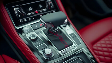 Closeup of a Modern Car Gear Shifter with Red Leather Interior - Illustration