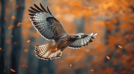 Fototapeta premium A hawk in flight with its wings spread wide, against a backdrop of falling autumn leaves.