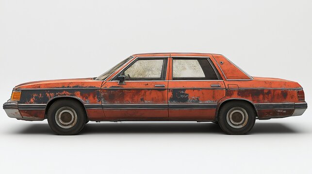 Old worn-out car in side profile view showcasing rust and weathered paint details