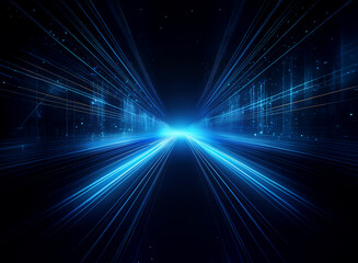 Abstract digital art depicting a futuristic highway at night, glowing blue light streaks create a sense of speed and movement,  with digital particles forming buildings along the sides.