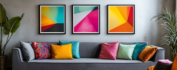 Light grey sofa with colorful multicolored pillows positioned against a wall with four art poster frames