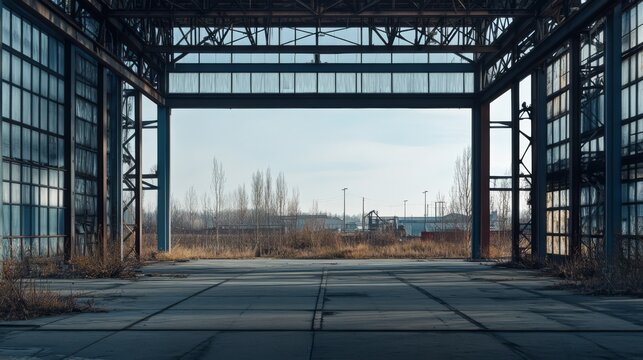 Abandoned industrial building with open bay doors, looking out to a clear blue sky.