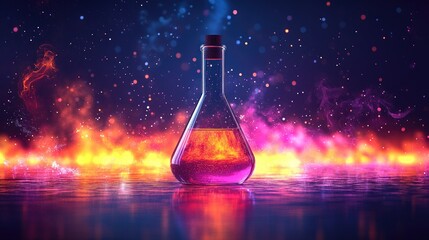 A glass flask filled with a glowing red liquid stands on a dark surface with fiery lights and smoke in the background.