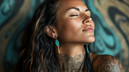 Maori Woman, Ocean Tattoo, Teal Earrings, Tribal Art, Portrait