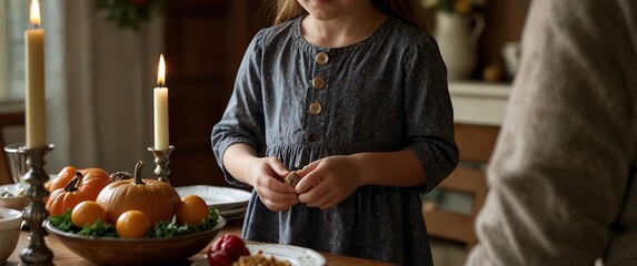 Little Hands, Big Gratitude: A heartwarming image of a young girl saying grace at a Thanksgiving dinner table, capturing the essence of family and tradition.