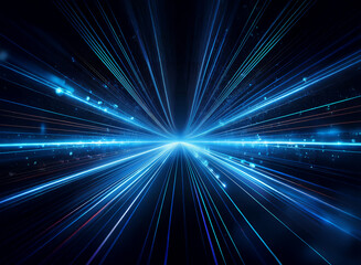 Obraz premium Abstract image depicting a vibrant blue light explosion, radiating outwards from a central point into a dark, cosmic-like background. Glowing particles and streaks add depth.
