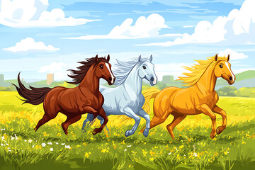 Obraz premium Three horses running through a vibrant meadow under a blue sky.