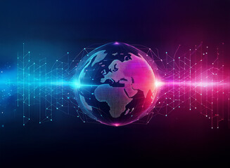 Obraz premium A glowing Earth encircled by interconnected nodes, bathed in vibrant pink and blue light, symbolizes global connectivity and digital networks.
