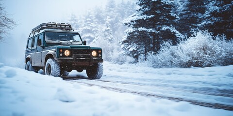 Off-road vehicle driving through snowy terrain in winter landscape with pine trees