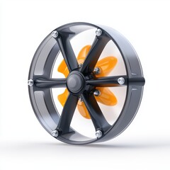 Obraz premium A sleek, modern wheel design featuring a black and orange color scheme, perfect for automotive or engineering projects, promotional materials, and product design presentations,