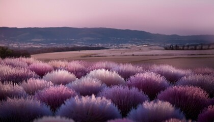 Obraz premium Soft purple and white flowers gently sway in the warm light of sunrise. A picturesque landscape unfolds in the background.