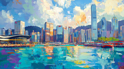 Vibrant Hong Kong Cityscape Painting, Bay, Skyscrapers, Boats, Harbor