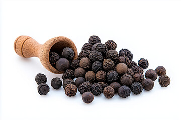 Obraz premium Whole Black Peppercorns, Seasoning Ingredient, Close-Up Isolated on White Background