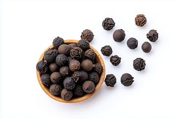 Obraz premium Whole Black Peppercorns, Seasoning Ingredient, Close-Up Isolated on White Background