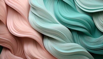 Obraz premium Abstract art featuring flowing, layered paper in soft peach and teal hues. The dynamic curves create a mesmerizing visual texture.