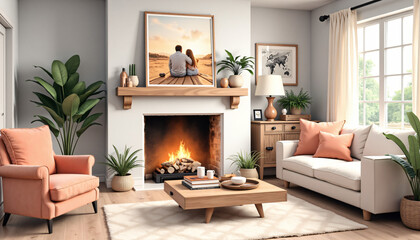 Fototapeta premium Cozy living room with a fireplace, plants, and modern furniture featuring a warm atmosphere and copy space