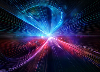 Abstract artwork depicting a vibrant, glowing tunnel of light.  Red, blue, and purple streaks converge at a central point, creating a dynamic, energetic composition.  The background is dark, emphasizi