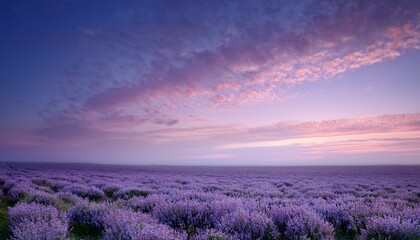 Serene sunrise over a vast field of lavender. The soft purple hues of the flowers and sky create a peaceful and tranquil atmosphere.
