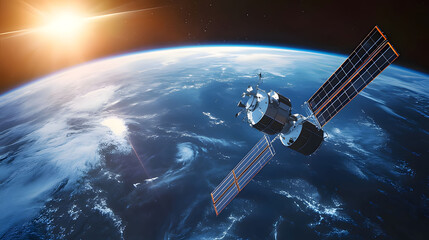 a satellite in the sky with the sun setting behind it. Generative AI