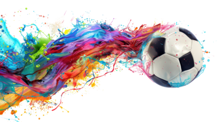 Soccer ball in colorful splash on white transparent background

