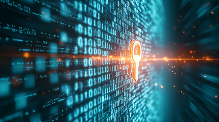 Obraz premium Encrypted Data Flow with Key Symbol and Binary Codes