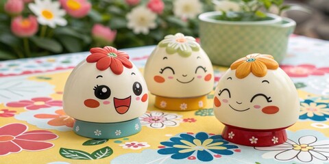 Fototapeta premium Whimsical Collection A playful arrangement of cartoonish s figurines each with exaggerated features p on a vibrant tablecloth featuring floral patterns.