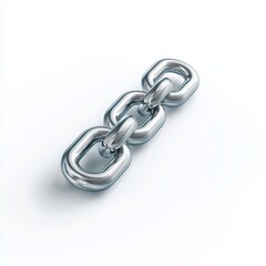 Obraz premium A shiny metallic chain link sits on a clean white background, symbolizing strength and connection, Ideal for themes related to teamwork, security, or unity in design projects or marketing materials,