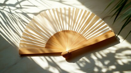 Handheld fan on sunlit surface with plant shadows.