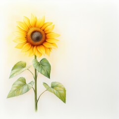 Fototapeta premium A vibrant sunflower stands tall against a soft white background, showcasing its bright yellow petals and lush green leaves, Ideal for nature themes, wellness, or cheerful designs,