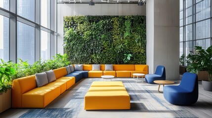 Stylish Office Lounge with Yellow and Blue Modular Furniture
