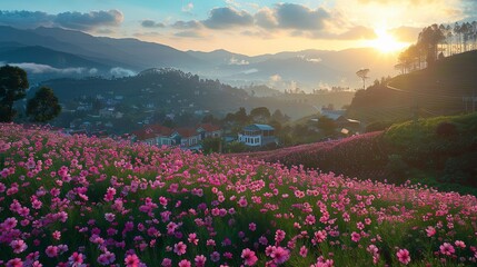 Serene Sunset over a Hillside Village with Blooming Cosmos Flowers