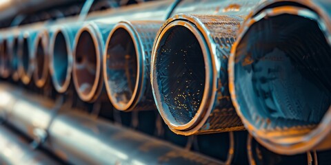 High quality steel pipes of different diameters in a warehouse
