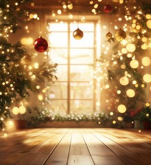 Christmas decorations, warm glow, festive atmosphere, beautifully adorned trees, shimmering lights, cozy interior, window view, holiday spirit