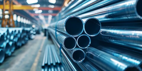 High quality steel pipes of different diameters in a warehouse